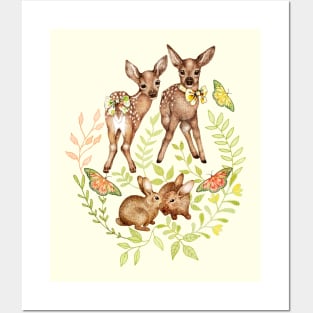 Whimsical Forest Fawns & Rabbits Posters and Art